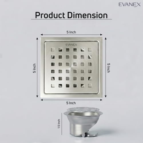Image of EVANEX Square Bathroom Drainer | Shower Drainer Channel | 5x5 Inches Floor Drain | 304 Stainless Steel Waste Water Floor Drain with Cockroach Trap | Bathroom Jali | Bathroom Accessories Set