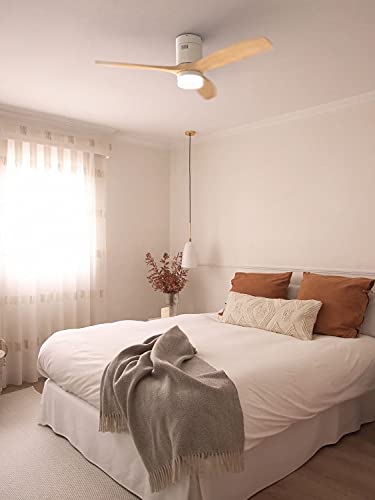 CREATE / WINDCALM M/Deckenventilator ABS mit Beleuchtung Weiß Hellesholzflügel-Optik mit WLAN und Fernbedienung/Leise, 40W, Ø132cm, Timer von 1 bis 4 Std., Sommer-Winterbetrieb