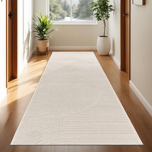 TT Home In-& Outdoorteppich Wetterfest Balkon Schlafzimmer Boho Skandi Motiv Unifarben Geometrische Optik Moderner Style, Farbe:Creme 2, Größe:80x250 cm