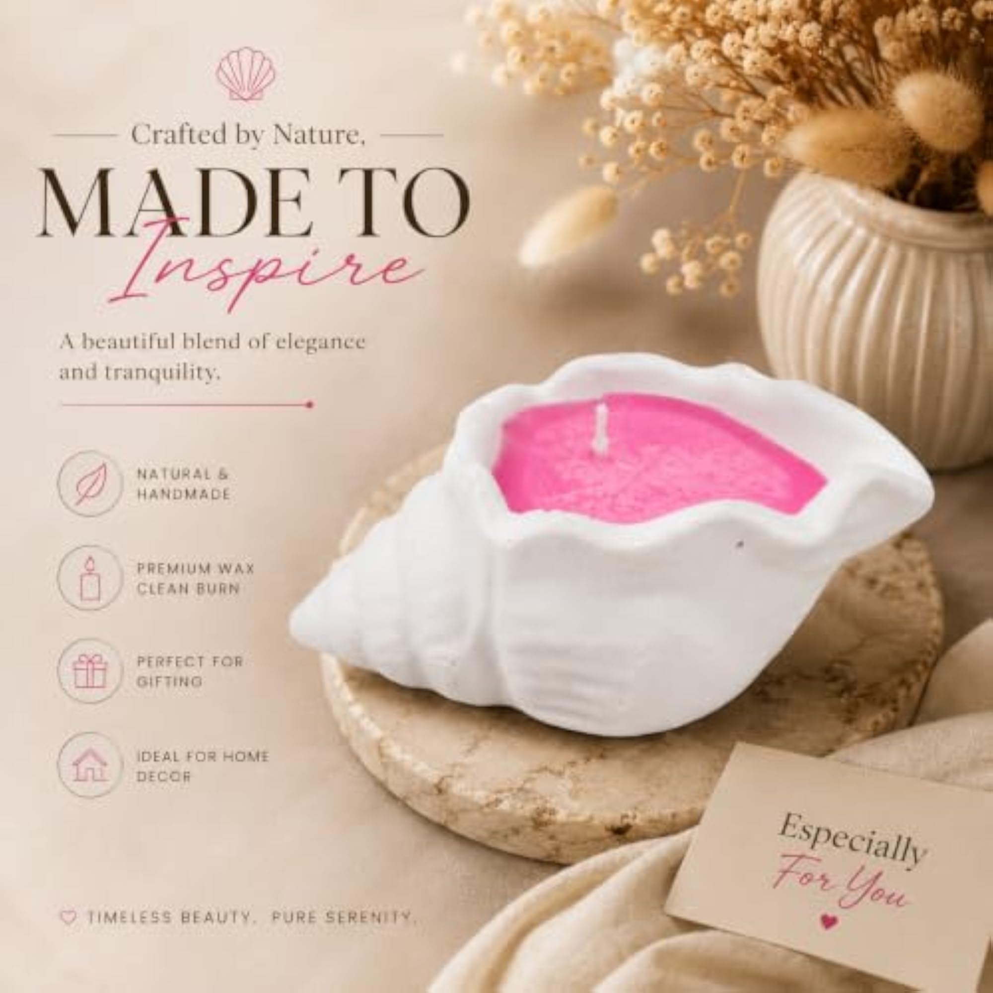 Conch Shell Decorative Candle with Pink Wax, Sculptural Seashell Design