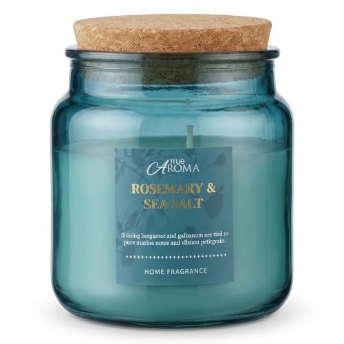 Image of Rosemary & Sea Salt Scented Candle 450g – Fresh & Coastal Home Fragrance, 40 Hour Burn Time, Single Wick, Glass Jar with Cork Lid, Elegant Home Décor