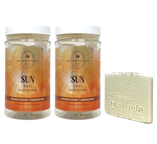 Bath & Body Works Aromatherapy Sun Soul Radiating Orange Flower + Sandalwood 2 Pack Shower Steamers Set with a Natutral Oats Sample Soap