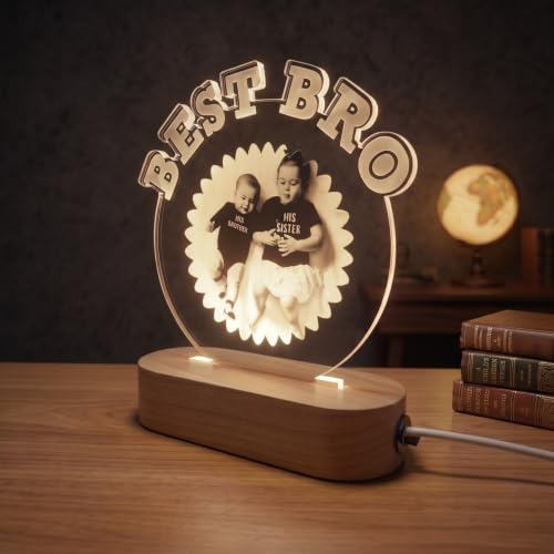 Image of Best Bro Personalized LED Table Lamp - Custom Photo Multicolor Night Light for Brother - Baby Sibling Gift, Acrylic Lamp for Raksha Bandhan, Birthday or Nursery Decor
