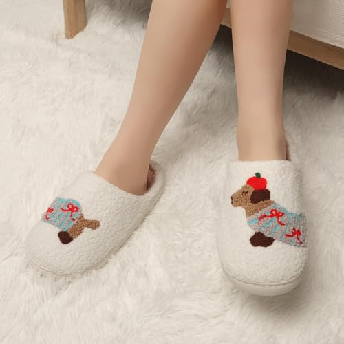 BEIUEN Warm Hausschuhe Damen,Winter Plüsch Pantoffeln,Weiche flache Hausschuhe Rutschfest für drinnen und draußen,Geschenk für Damen,Geschenk für Weihnachten & Halloween(Dackel,EU37-38