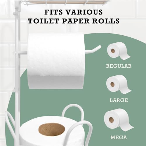 Inspired Living ME9899-WHT-AZ Toilet Paper Holder Stand With Phone Or Wipes Bamboo Shelf, Durable Free Standing Toilet Tissue Roll Storage Rack For Bathroom thumb #3