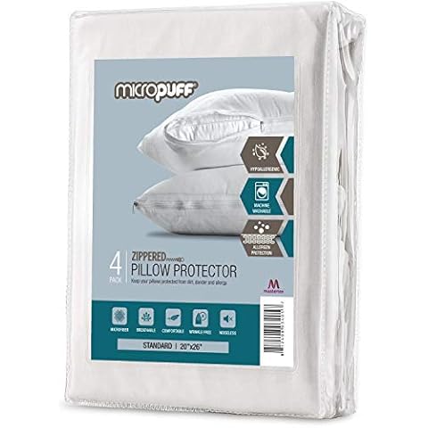 Micropuff Pillow Protectors with Zipper - Soft and Breatheable Hypoallergenic Pillow Cover. Pillowcase Protects Against Stains, Spills, and Perspiration. (Microfiber, Standard Set of 4) Cover