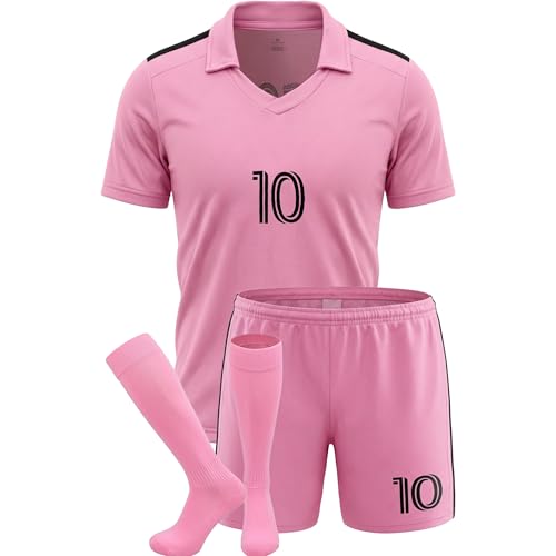 Boys 3-Piece Soccer Set Short Sleeve Tee Jersey Shorts & Socks Loose Fit Kids Outfit (US Age 6 Years 7 Years Pink)