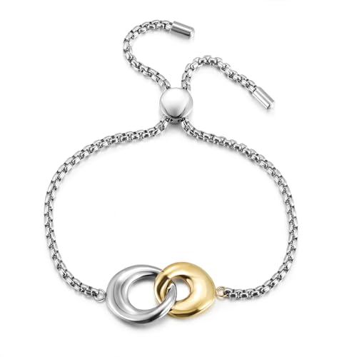 Ciunofor Two Tone Bracelets for Women, Silver Interlocking Circle LInk Charm Bracelet, Gold and Silver Bracelet for Adult, Adjustable Sliding Mixed Metal Jewelry