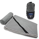Aribari Sporthandtuch - Mikrofaserhandtuch - kompakt, Ultra leicht und schnell trocknend - ideal für Fitness und auf Reisen - mit und ohne eingenähter Tasche - 100 x 50 cm (Grau mit Tasche)