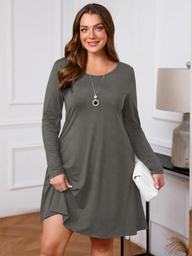 Image of AusLook Women's Plus Midi Dress Long Sleeve Crew Neck A-Line Swing Flowy Vacation Fall Wedding Guest Dresses with Pocket 1-5X