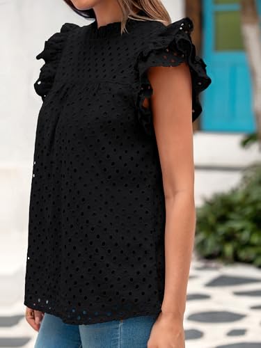 BTFBM Casual Summer Tops for Women 2025 Short Ruffle Sleeves Shirts Crew Neck Hollow Out Lace Embroidered Blouses