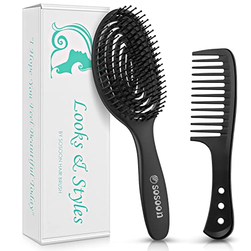 Sosoon Detangling Hair Brush, Curved Vented Oval Hair Comb Hairbrush for Women Men Blow Drying, Comfortable Scalp Massage, Smoothing Long Thick Curly Dry Wet Hair, No More Tangle(Oval, Black)