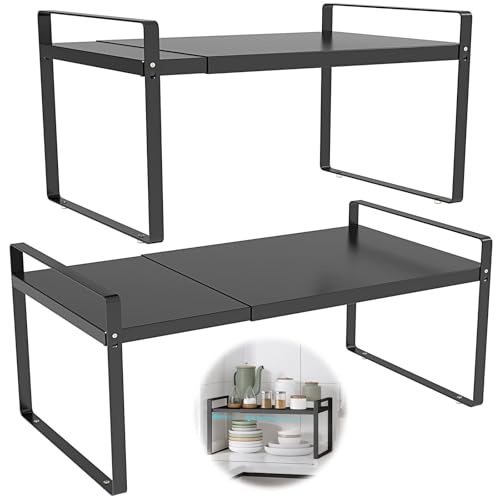 KOMOHOM Adjustable Cabinet Shelves 9", Expandable 14~25" Metal Shelving for Pantry & Kitchen Organization, (2 Pack) Heavy-Duty Shelf Organizer, Fits Microwave, Spices, Countertop Storage