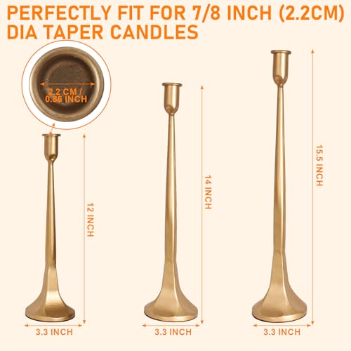 アイアンテーパーキャンドルホルダー3個セット | 12インチ 14インチ 15.5インチ | 7/8インチのキャンドルに対応 | テーパーゴールドキャンドルホルダー トールセット | 結婚式、ダイニングテーブル、ホームデコレーション用