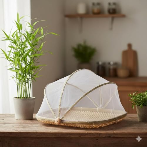 Image of Bamboo Tent Basket Food Serving, Mesh Cover, Hand Woven Insect Bug Proof, Dustproof Fruit Vegetable Bread Storage Container for Picnic, Outdoor, Home Drying