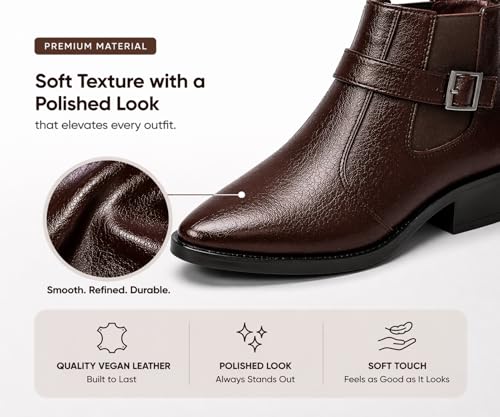 Image of Kraasa Men's Synthetic Leather Ankle Boots with Side Buckle Strap, Elastic Panel & Durable TPR Sole Casual & Formal Wear Boot