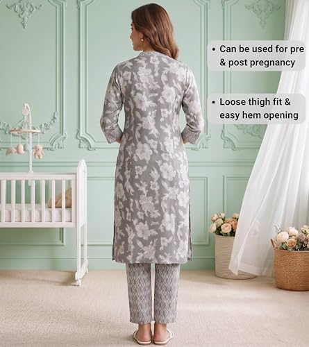 Image of DUMMY SHAPE Feeding Kurtis for Women Cotton Blend | Floral Kurta Pant Dupatta Set with Nursing Zippers to Pre & Post Partum | Maternity Dresses | Mom to Be Gifts for Pregnant Woman