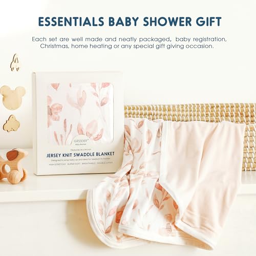 Image of GRSSDER Super Soft Jersey Knit Swaddle Blanket for Baby Girls, Double Layer Reversible Receiving Blanket 34 x 44 Extra Large for Baby Swaddling, Pink Flora