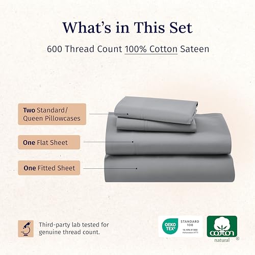 California Design Den - Luxury Full Size Sheet Set - 100% Cotton, 600 Thread Count Deep Pocket Full Size Bed Sheets, Hotel-Quality Cooling Sheets with Sateen Weave - Mist Grey