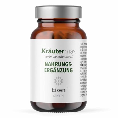 Kräutermax Eisen 30 mg Kapseln mit Vitamin C, B1, B2, B6, B12, Folsäure, Molybdän und Kupfer, 1 x täglich, 60 Stück