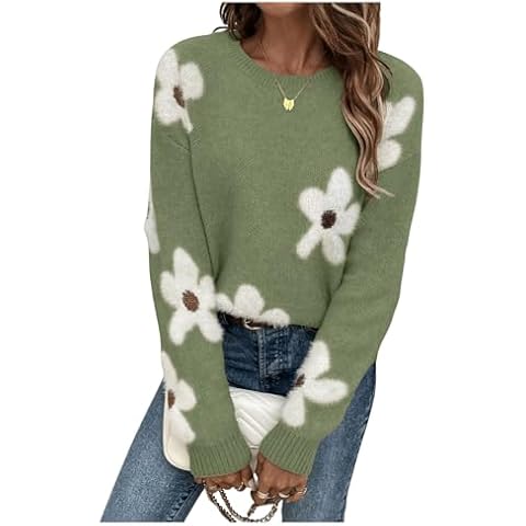 SHENHE Women's Floral Pattern Crewneck Long Sleeve Drop Shoulder Sweaters Pullover Tops Flower Green Medium Cover