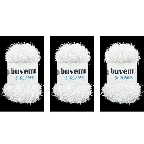 Buvemu Scrubber Yarn for Crochet, Knitting & Dishcloths, White, 3-Pack