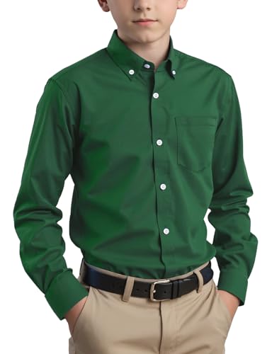 Spring&Gege Chemise boutonnée à manches longues en sergé tissé pour garçon, vert foncé, 5-6 Ans