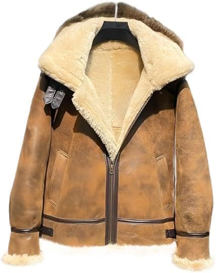 Mens B3 Bomber Leather Jacket - Real Sheepskin Distressed Vintage Aviator Shearling Faux Fur Detachable Hood