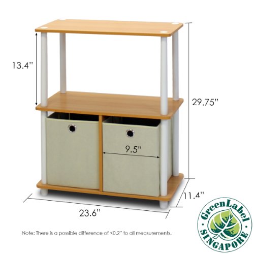 Image of Furinno TURN-N-TUBE Storage Shelves Set of 2, 3-Tier Toolless Book Shelf with Storage Bins, Display Shelf, for Organization and Storage, Living Room, Garage, Home Office, Beech