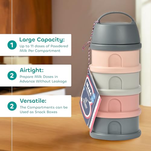 Image of Beaba Formula Container with 4 Stackable and Interchangeable Compartments, Milk Dispenser, 100% Airtight, Large Capacity, Funnel Tip For Pouring Powder With Precision, Evolutive use, Pink /Mineral Grey