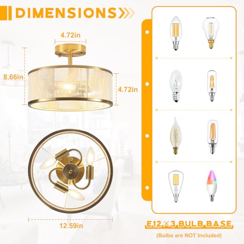 Image of Modern Semi Flush Mount Ceiling Light, 3 Light Gold Ceiling Light with Rope Shade, Drum Light Fixture for Kitchen Bedroom Dining Room Hallway Entryway