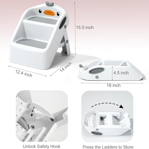 مقعد قابل للطي للاطفال الصغار من يو هوم، للمطبخ والحمام وحوض المرحاض، مقعد تدريب على استخدام النونية، ارتفاع مزدوج 11 انش، مقعد بلاستيكي مساعد للمطبخ مع مقابض، مقعد قدم للحضانة (ابيض 1)