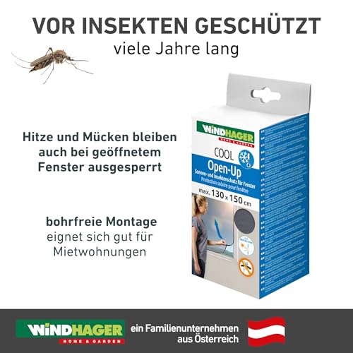 Windhager Sonnenschutz OPEN-UP Fliegengitter, Moskitonetz für Fenster, Insektenschutz, Fliegennetz, Hitzeschutz Fenster, inkl. Klett- und Flauschband, 130 x 150cm, anthrazit