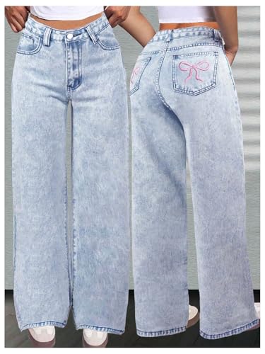 WDIRARA Girl's Bowknot Embroidery Wide Leg Jeans Y2k Baggy Denim Pants4