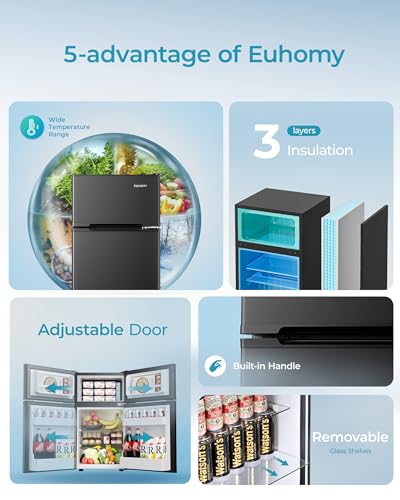Image of EUHOMY Mini Fridge with Freezer, 3.2 Cu.Ft Mini Refrigerator, Dorm Fridge with 2 Door For Bedroom /Apartment /Office-Food Storage Cooling Drink, Black