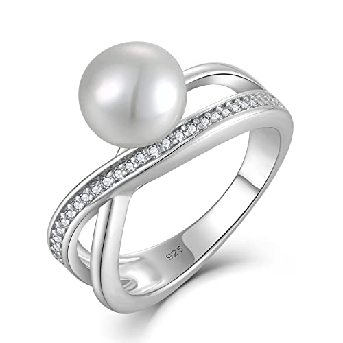 Women Pearl Ring 925 Sterling Silver 3A Cubic Zirconia 9mm Freshwater Pearl Cross Ring for Women