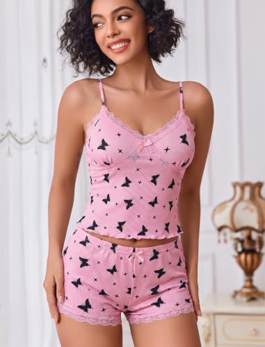 Image of Avidlove Women's Soft Ribbed Knit Cami Pajama Set Sexy V Neck Lace Trim Sleepwear Side Slit Shorts Lingerie Nightwear