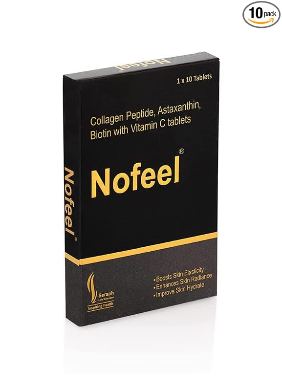 Nofeel Hydrolyzed Marine Collagen (Type I & Type III) Tablets with Astaxanthin, Biotin and Vitamin C for Men & Women, Reduce Wrinkles & Fine Lines, For Hair Growth & Healthy Skin, 1 Strip (10 Tablets)