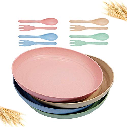 88 Wheat Straw Plates with Spoon and Fork-Set of 4 Unbreakable Reusable Dinner Plates Biodegradable Eco Friendly Lightweight Cereal Plates Dishwasher Microwave Safe BPA Free Dinnerware Set