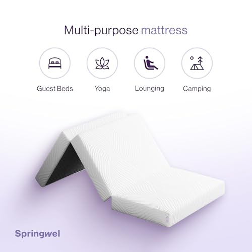 Image of Springwel Tri-fold Portable Mattress | Lightweight & Compact | Use for Extra Bedding, Travel and Lounging | Anti-Skid Base | Machine Washable Cover | White, 72x36x4 Inch