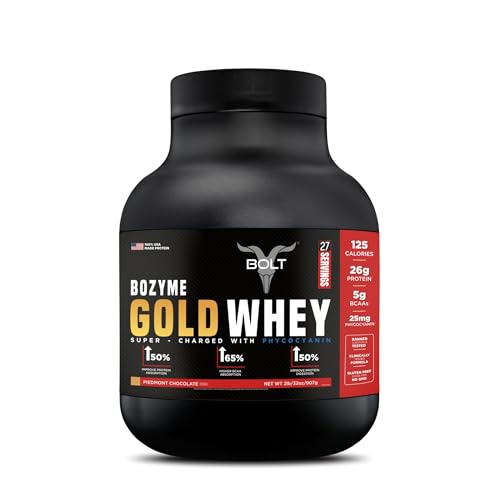 Image of Bolt Bozyme Gold Whey Potein Powder With Superfood Phycocyanin | 26 gm protein | 5g BCAA| 2lb /907gm (27 Servings) | Piedmont Chocolate