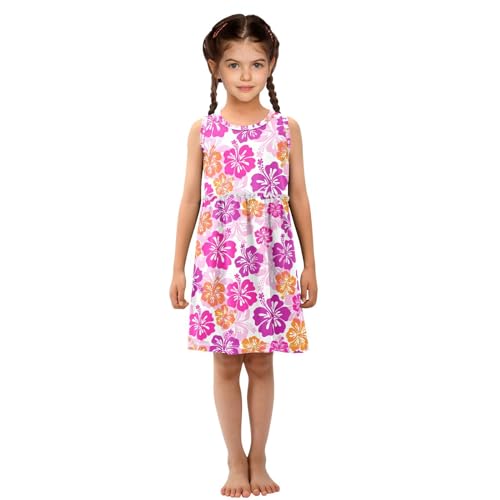 Hawaiian Tropical Hibiscus Colorful Floral Girls Casual Dress Cotton Summer Clothes for Kids 2T-8Y4