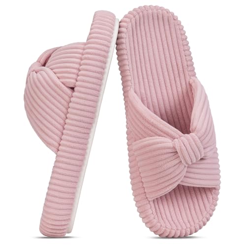 Image of BUNYISCN Slippers for Women Memory Foam Women's Orthopedic Arch Support Open Toe House Bedroom Corduroy Bow Crossbands Slide House Slippers