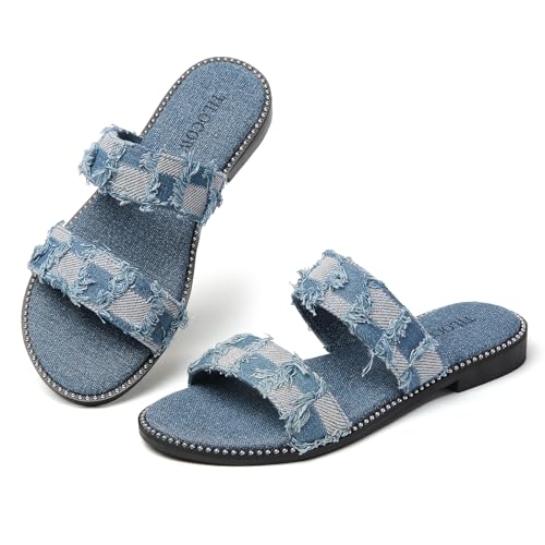 Image of Tilocow Women's Flat Sandals Two Strap Summer Dressy Studded Slide Sandals Open Toe Cute Casual Slip on Comfort Shoes for Beach Travel Daily Wear
