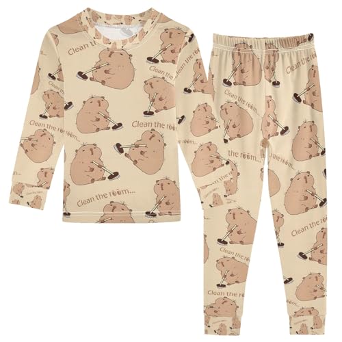 senya Capybara Mopping The Floor Pajamas Set Long Sleeve Soft Cotton Sleepwear 2 Piece