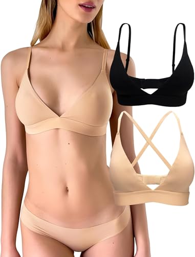 KUKU PANDA 2 Pack Women's Triangle Bralette Comfortable Cotton Wireless Padded Bra Lightly Lined V Neck