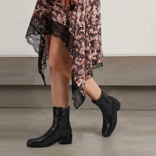 Women Ankle Boots Low Heel Leather Short Booties Side Zipper Square Toe Boots Comfortable Casual Dessy3