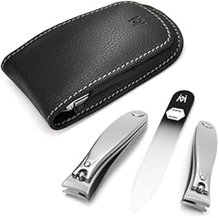 GERMANIKURE 3pc Travel Manicure Set - FINOX Stainless steel tools handmade in Solingen Germany: Fingernail Clipper, Toenail Clipper, Glass Nail file in Leather Case