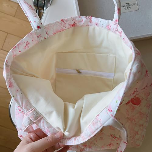 Image of Floral Quilted Cotton Shoulder Bag for Women Daily Use Medium Size Handbag Large Capacity Thickened Design Tote