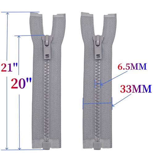 Image of MebuZip 2PCS #5 20 Inch Separating Jacket Zippers Resin Zipper Molded Plastic Zippers Bulk for Sewing Coat Jackets Clothes (Grey)